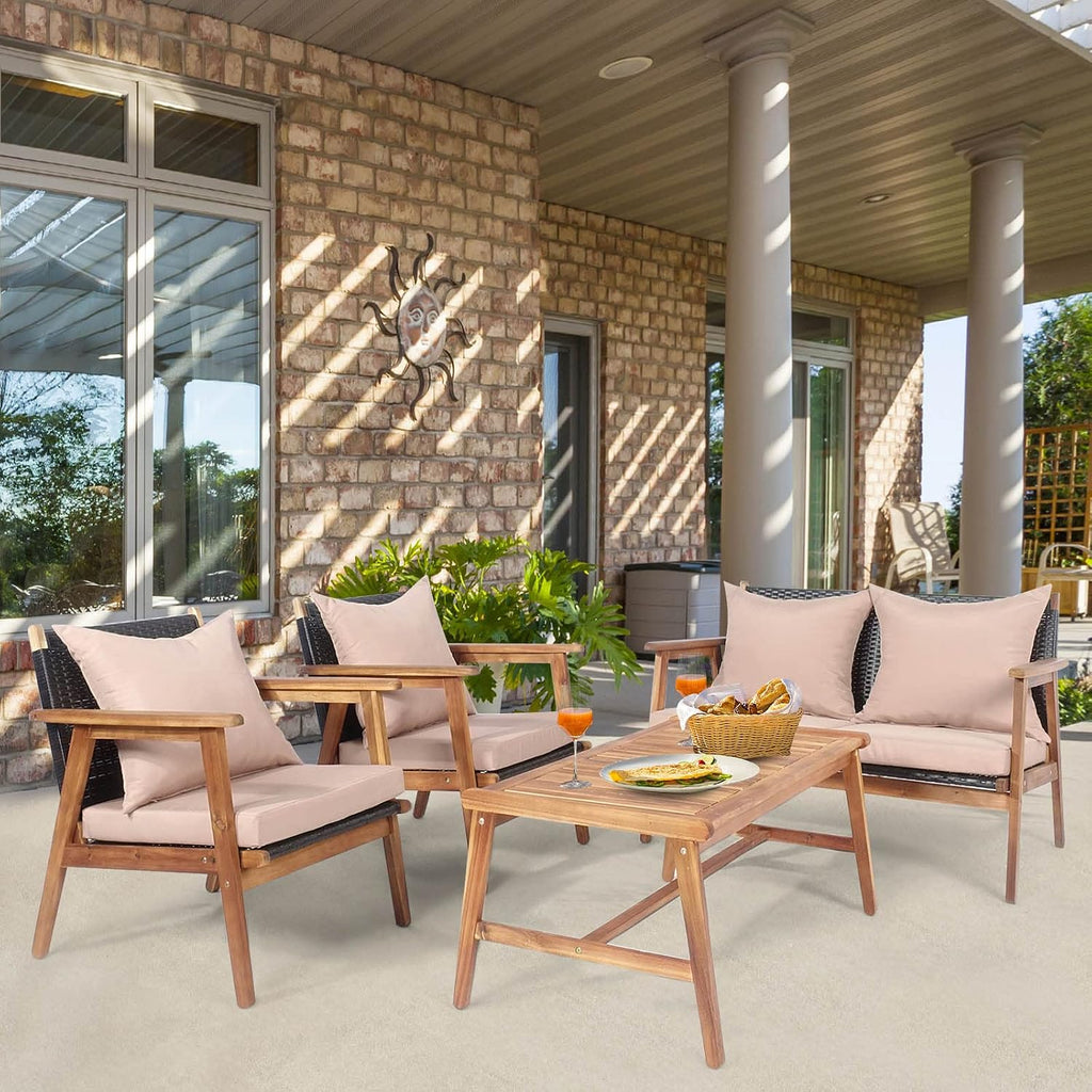 Tangkula 8-Piece Patio Furniture Set, Outdoor Acacia Wood Conversation Set with Cushions and Coffee Table, Outdoor PE Wicker Sectional Sofa Set for Garden, Poolside and Backyard (2, Beige)