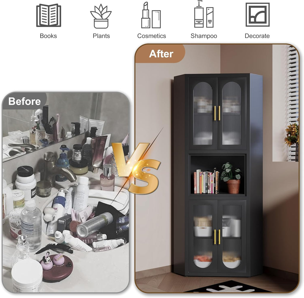 GAIOUS 63.6' Tall Corner Cabinet, Metal Pantry Storage Cabinet with 4 Acrylic Glass Doors & 1 Open Bar Shelf, Farmhouse Corner Cupboard for Kitchen Bathroom Living Room Bedroom Hallways (Black)