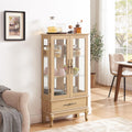 51' H Lighted Curio Display Cabinet with 2 Doors & 1 Drawer, Wooden Glass Curio Showcase w/Adjustable Shelves & Mirrored Back Panel, Storage Cabinet Display Case for Living Room (Light Oak)
