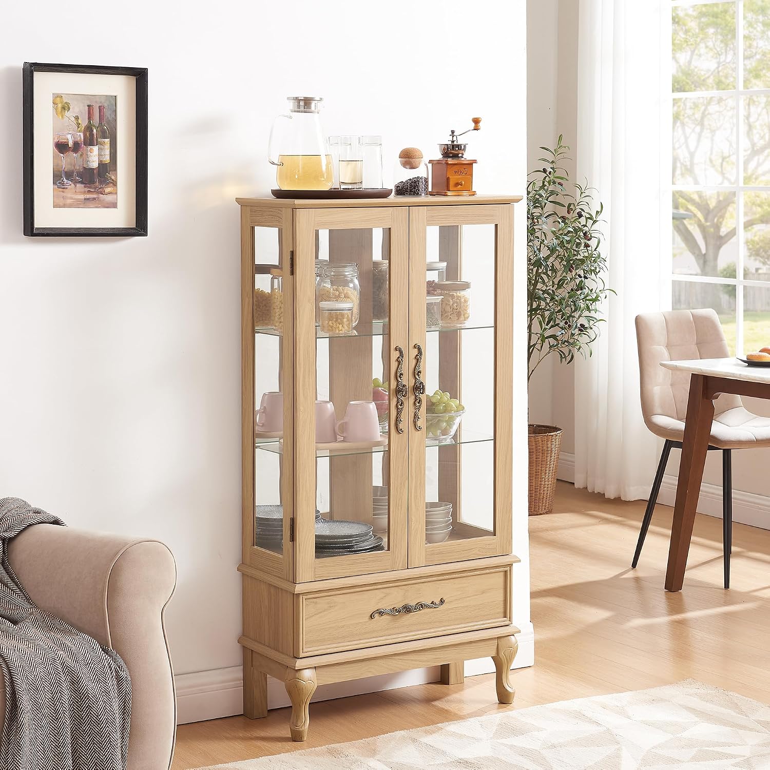 51' H Lighted Curio Display Cabinet with 2 Doors & 1 Drawer, Wooden Glass Curio Showcase w/Adjustable Shelves & Mirrored Back Panel, Storage Cabinet Display Case for Living Room (Light Oak)