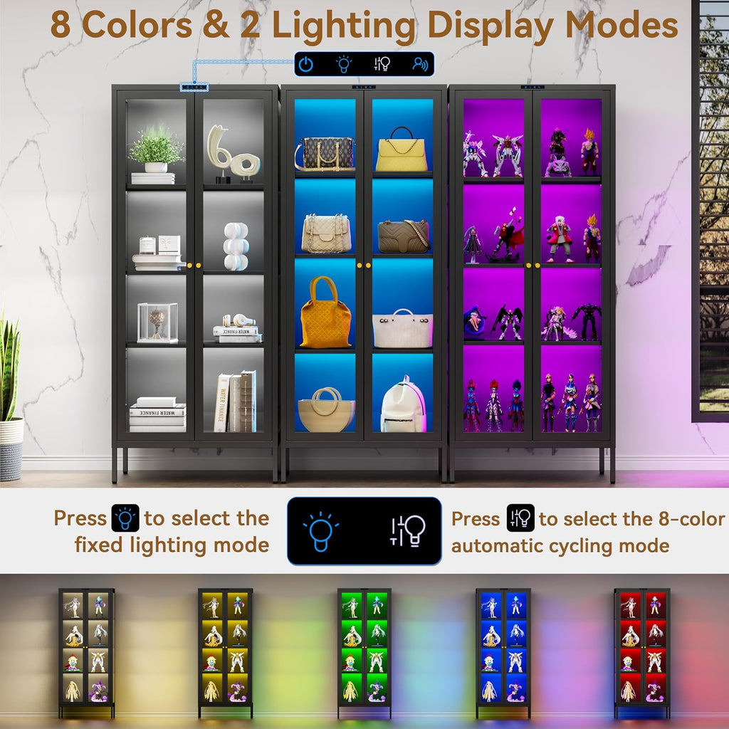 Polup Glass Display Cabinet with 8-Color LED Lights, Black Curio Cabinet with Glass Doors, 66 Inch Tall Display Case for Collectibles, Metal Storage Cabinet for Living Room, Assembly Required