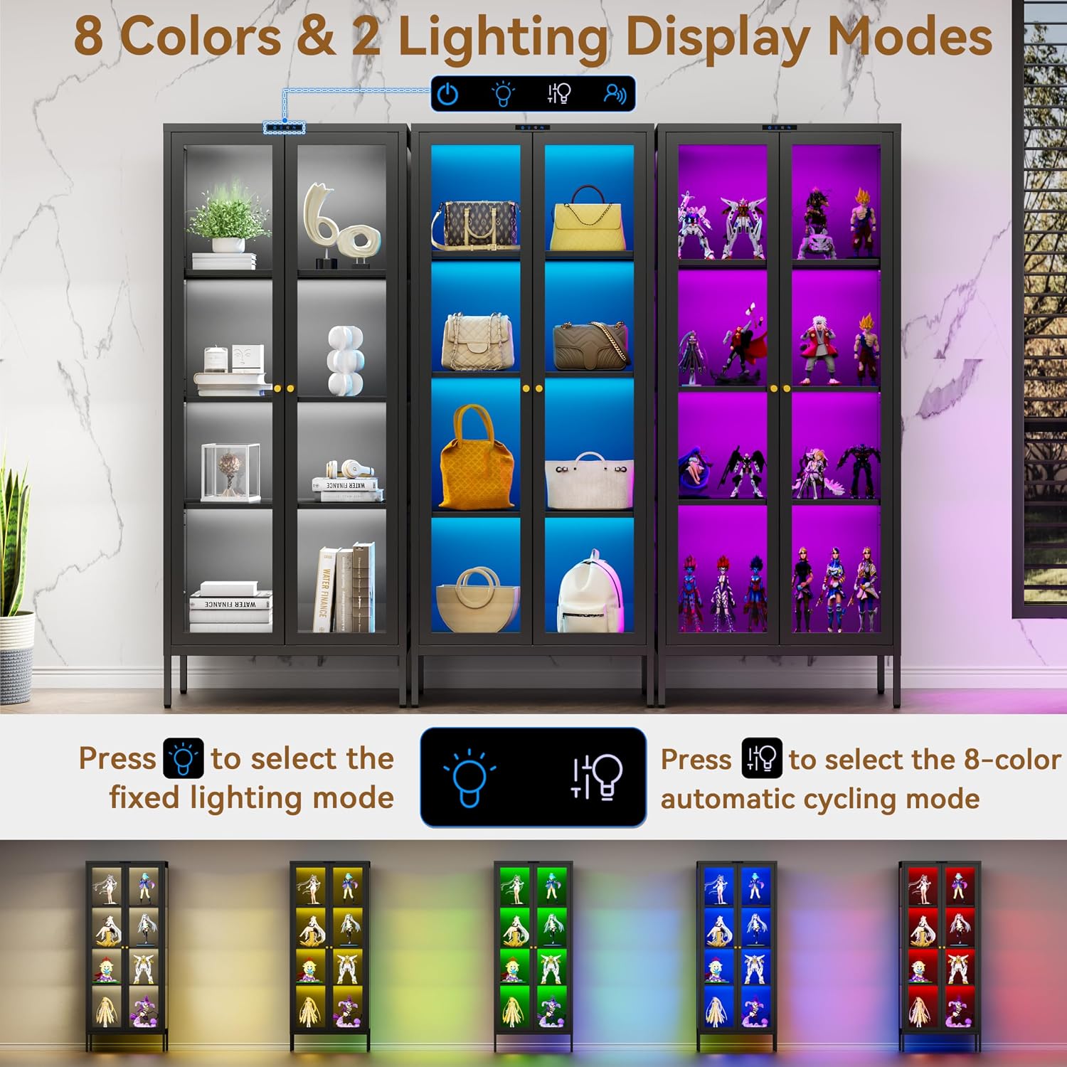 Polup Glass Display Cabinet with 8-Color LED Lights, Black Curio Cabinet with Glass Doors, 66 Inch Tall Display Case for Collectibles, Metal Storage Cabinet for Living Room, Assembly Required