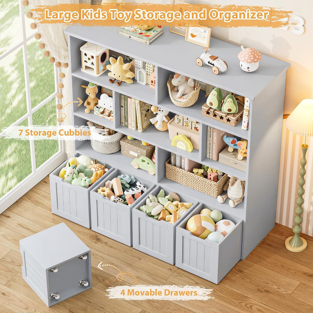 FINETONES Toy Storage Organizer, Kids Bookshelf with 4 Movable Chests and 7 Storage Cubes, Toy Chest Storage Shelf Organizer with Hidden Wheels, Toy Organizers and Toy Storage, Grey
