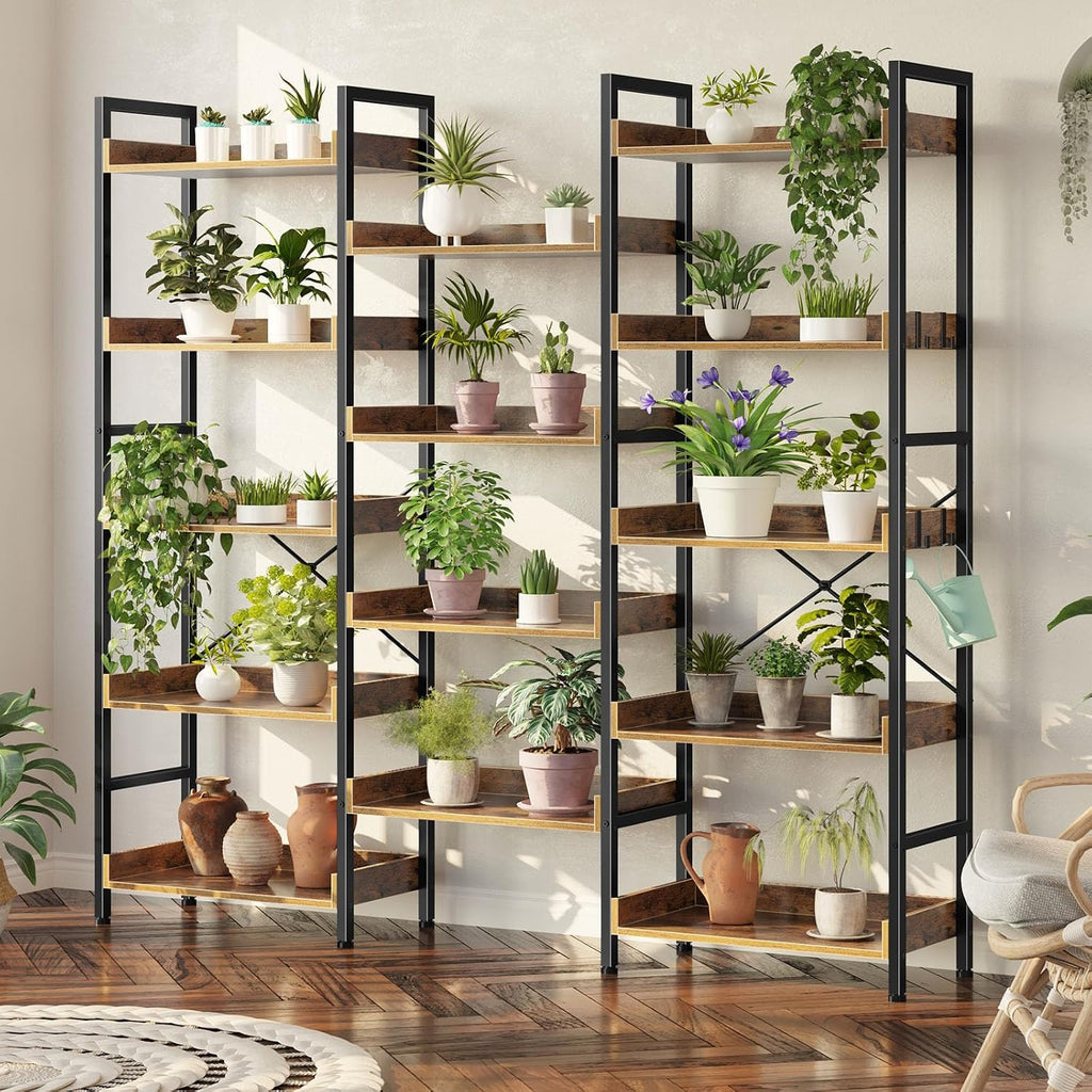 Rolanstar Bookshelf 5 Tiers, Triple Bookcase with Open Display Shelves, Industrial Wide Bookshelf with Metal Frame for Living Room, Office, Rustic Brown
