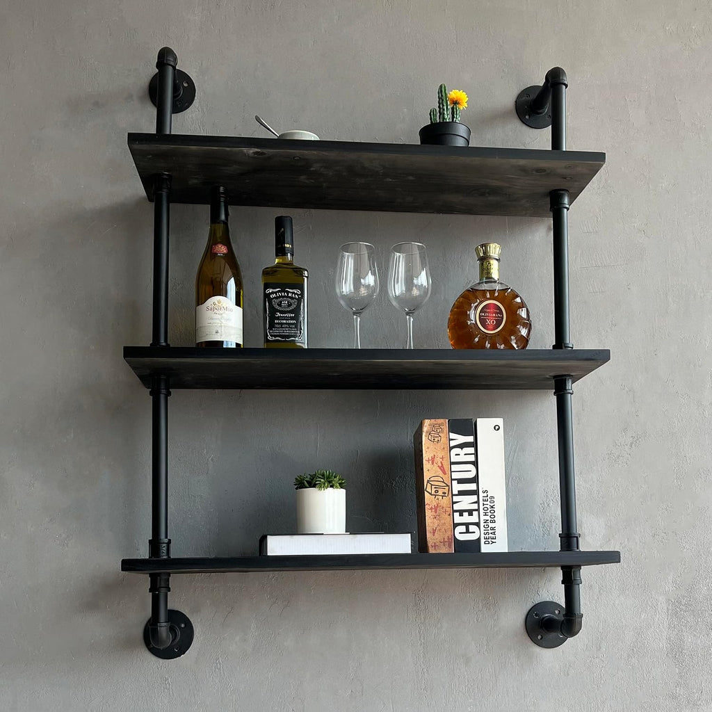 HDDFER Industrial Pipe Shelf Shelving Bookcase, Wall Mounted Rustic Bookshelf, Floating Bookshelves for Wall,Retro Wood Metal Pipe Industrial Shelves for Living Room