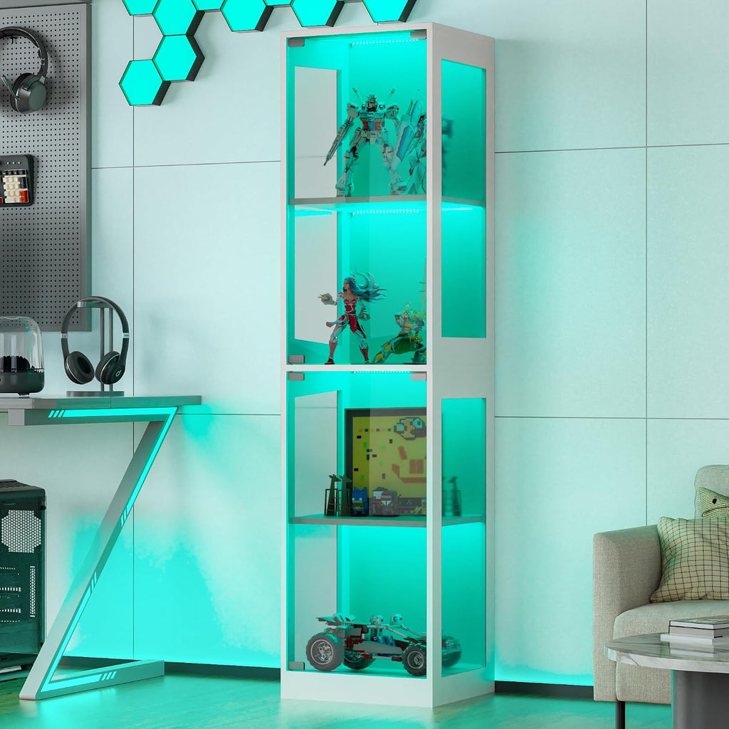 Grepatio Display Cabinet with Glass Doors, 4-Tier Display Case with RGB Lights, Glass Toy Display Cabinet for Collectible, Curio Cabinets Collectibles Display Shelf for Playroom, Living Room (White)