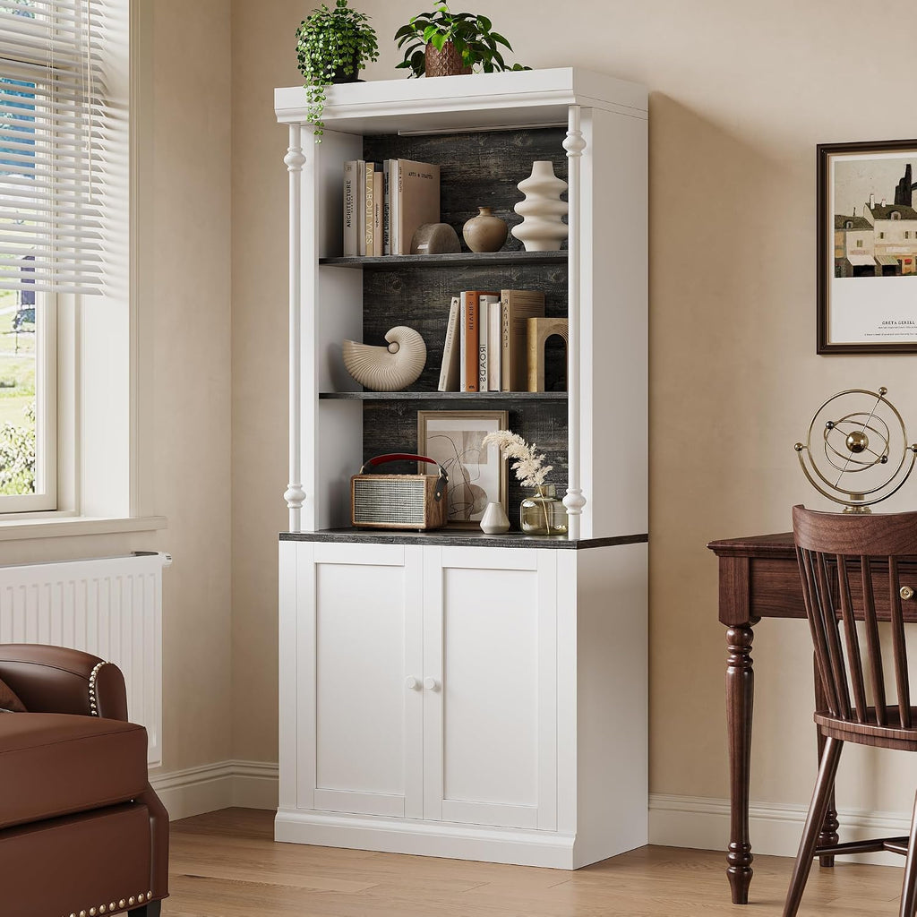 IDEALHOUSE White Bookshelf with Storage Cabinet, 5-Tier Display Cabinet with Light & Doors, Freestanding Display Case for Collectibles Bedroom Living Room Office, White