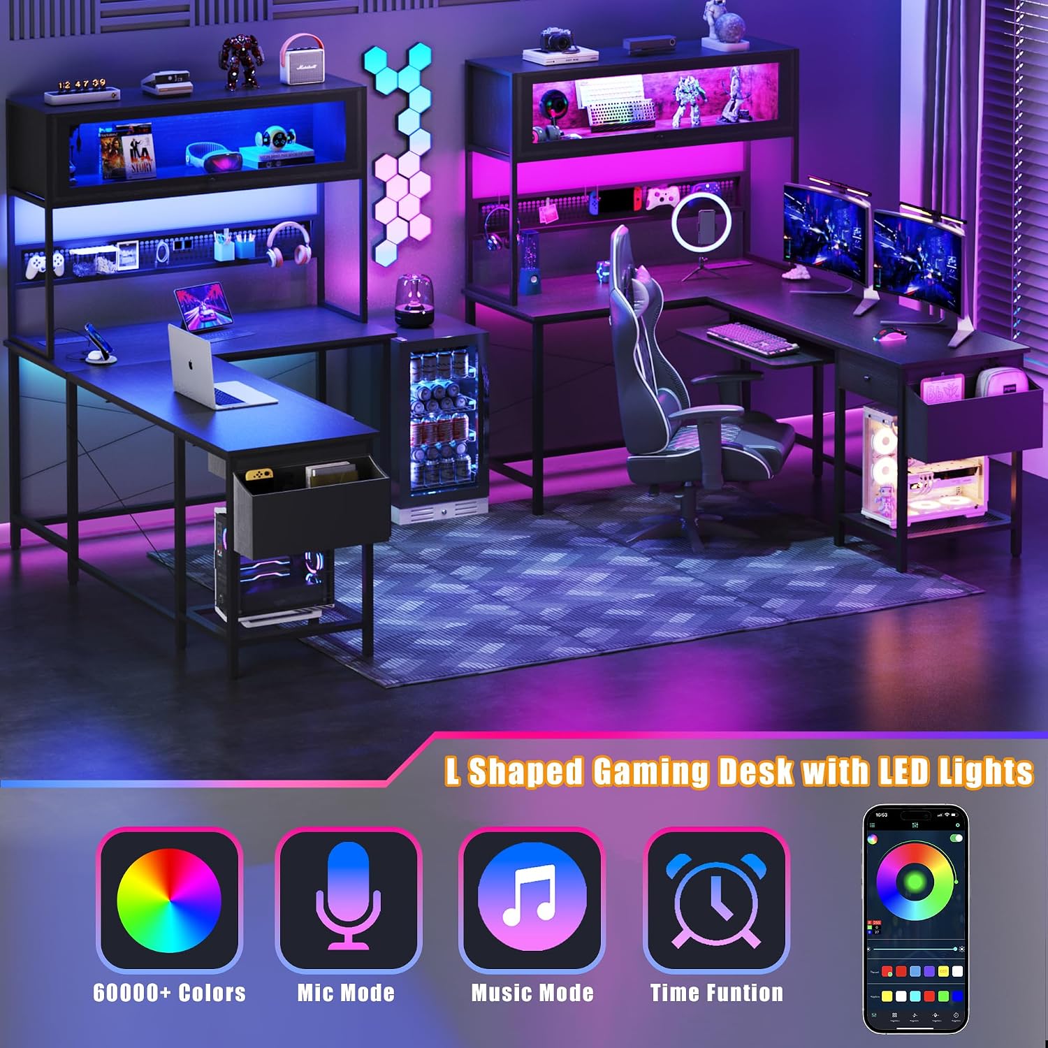 L Shaped Gaming Desk with Power Outlets & LED Lights, 49'' Reversible Computer Desk with Hutch & Pegboard & Display Cabinet, Corner Home Office Desk with Drawer & Keyboard Tray & Storage Bag, Black