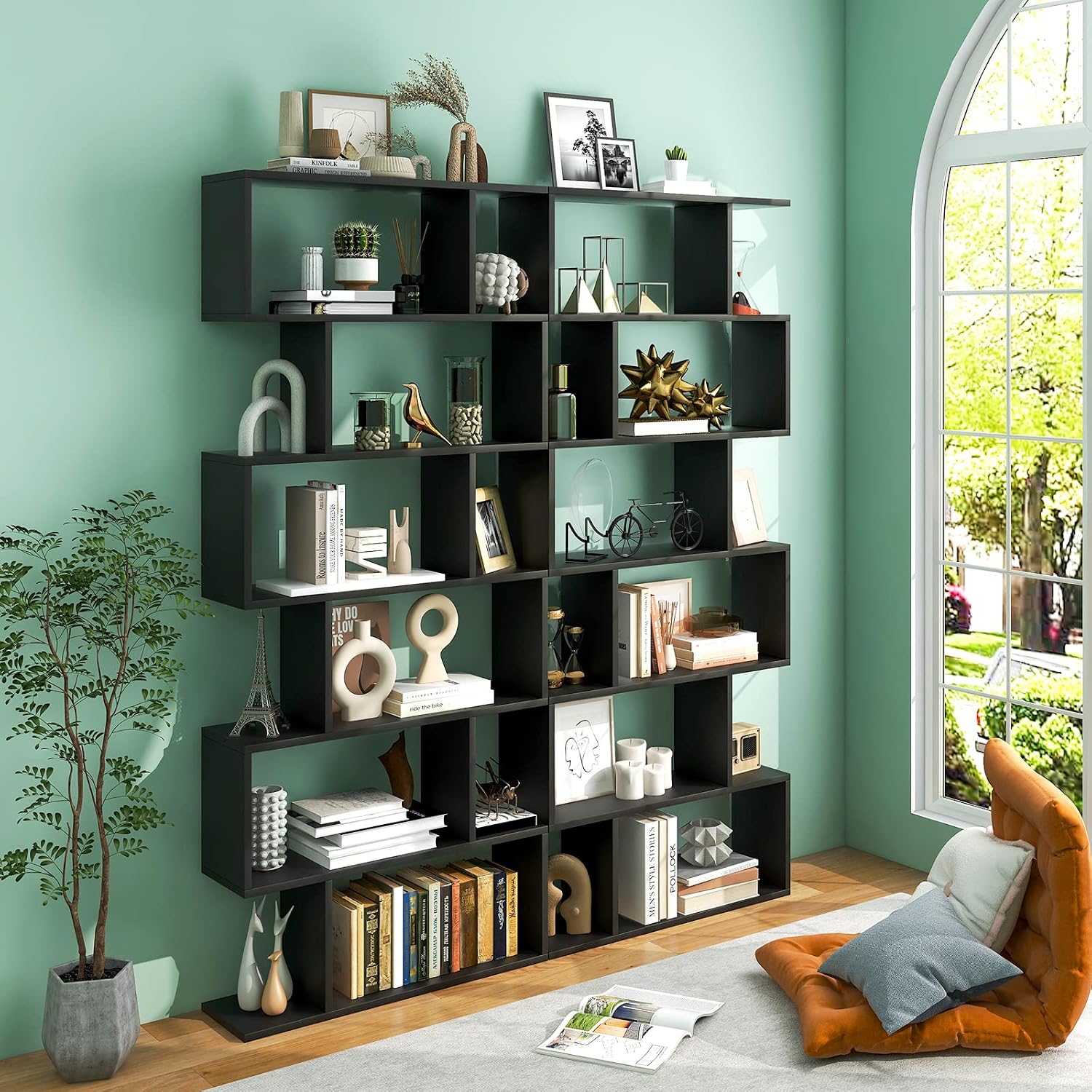 Tangkula 6-Tier Geometric Bookcase, Modern S-Shaped Storage Display Bookshelf for Living Room, Anti-Toppling Device, Home Office Wooden 6 Shelf Open Bookcase (2, Black)