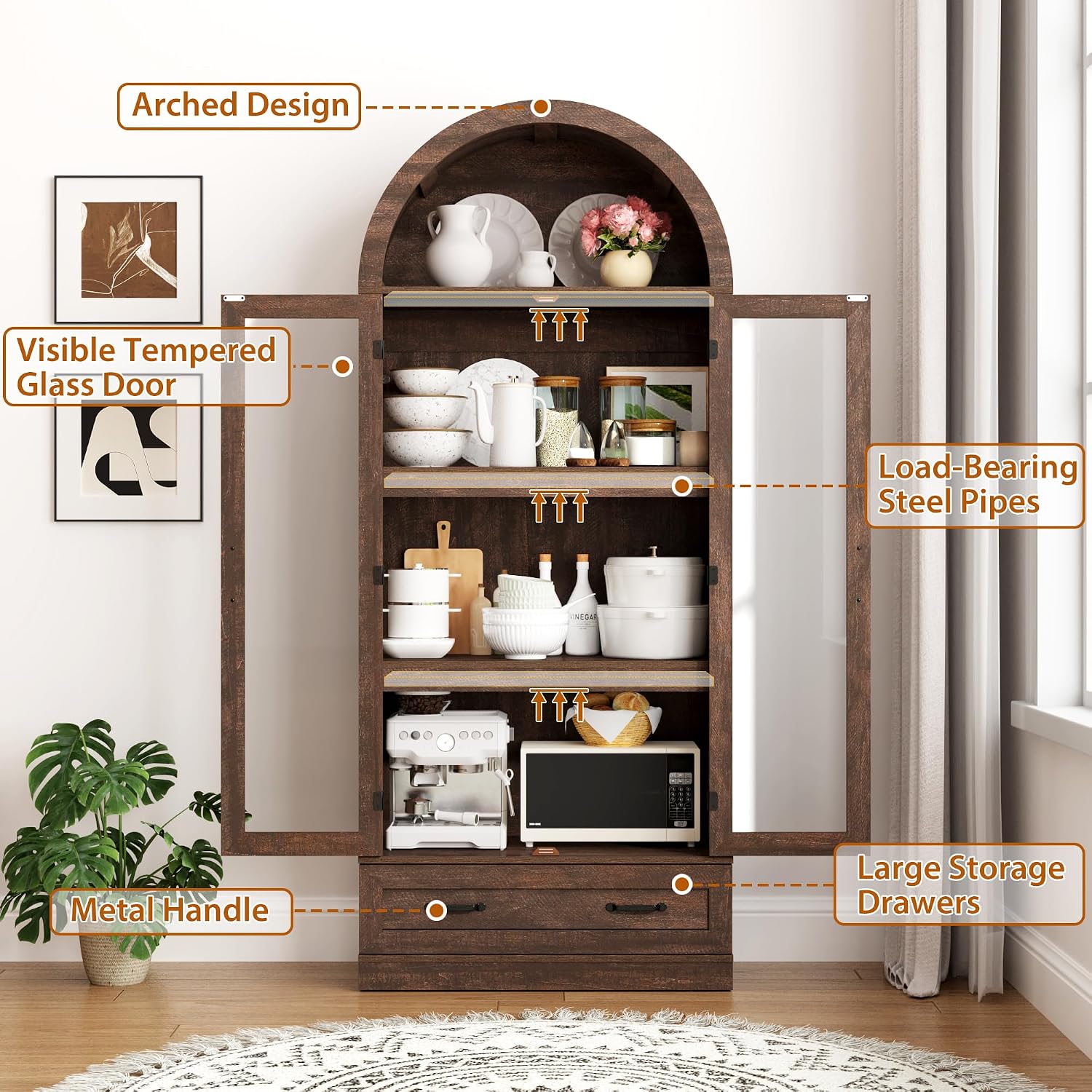 75' Tall Arched Kitchen Pantry Cabinet w Load-Bearing Steel Pipe,Modern Farmhouse Kitchens Storage Cabinet with Drawer and Glass Doors,Tall Arched Bookcase,Pantry Organizer(Rustic Brown)