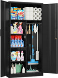 Wide & Deep Metal Storage Cabinet with Hanging Rod,Black Broom Closet Storage Cabinet with Lock,72' Tall Wardrobe Cabinets with Doors and Shelves,Locking Steel Tool Cabinets for Home,Office,Garage
