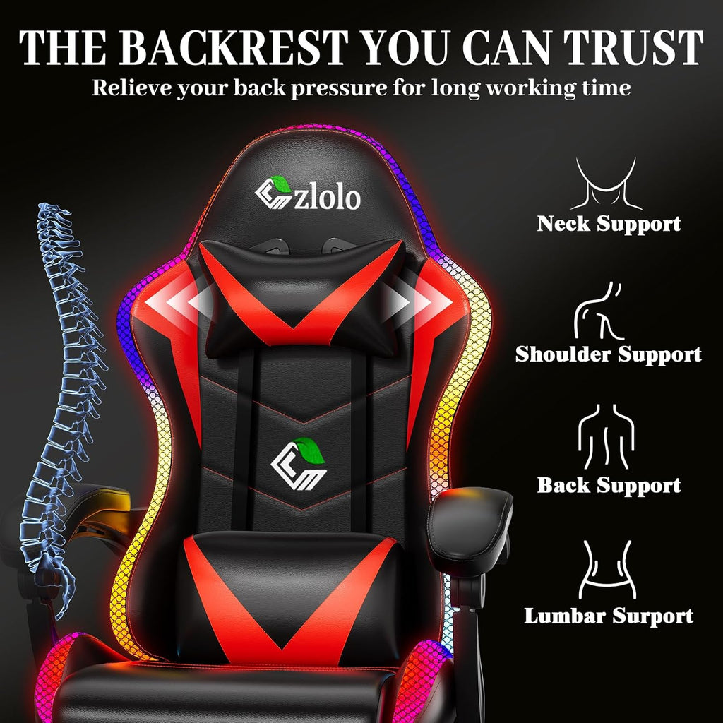 Czlolo Gaming Chair, Racing Style RGB LED Lights Gaming Chairs for Adults and Kids, Lumbar Massager Gamer Chair, High Back Reclining Computer Chair with Footrest and Headrest (Black/Red)