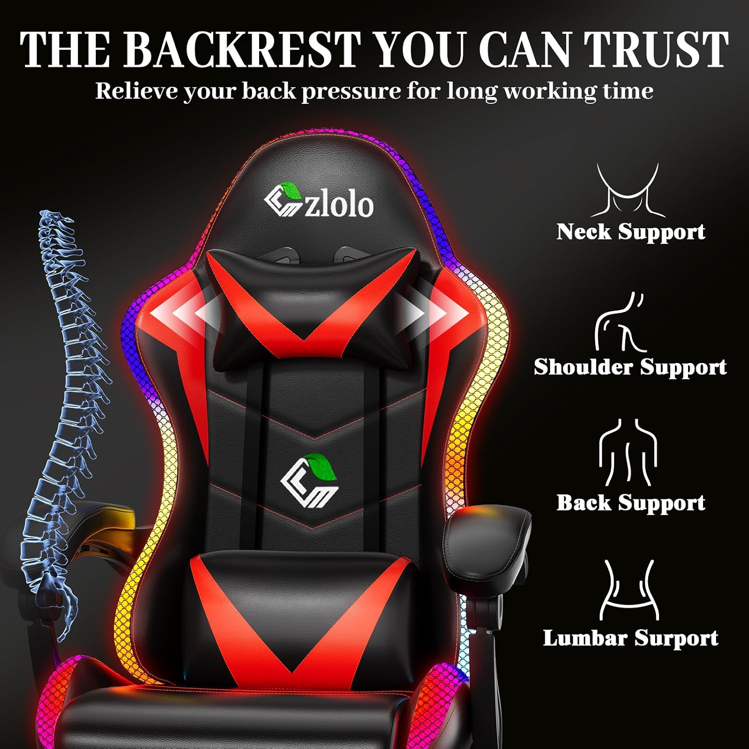 Czlolo Gaming Chair, Racing Style RGB LED Lights Gaming Chairs for Adults and Kids, Lumbar Massager Gamer Chair, High Back Reclining Computer Chair with Footrest and Headrest (Black/Red)