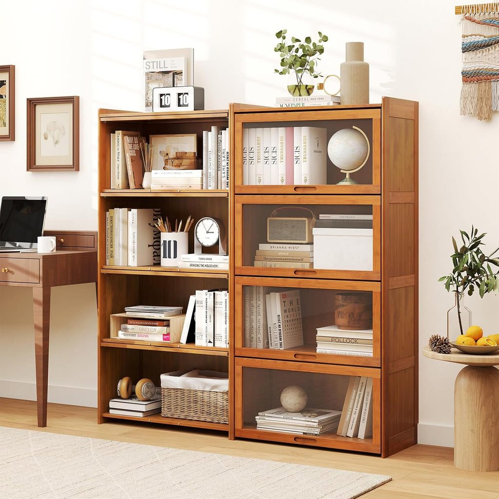 Giantex 4-Tier Bookcase with Clear Doors, 55' Bamboo Bookshelf with Flip-up Acrylic Doors, Freestanding Cube Storage Organizer with Shelves, Solid Wooden Display Cabinet for Living Room, Study, Brown