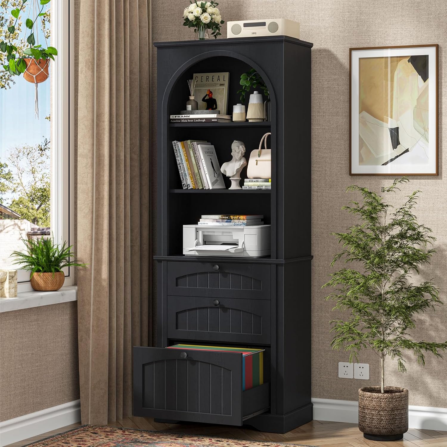 Bookshelf with File Drawers for Letter/A4/Legal Size Hanging Files, 68' Tall Farmhouse Bookcase with 3-Tier Open Shelves, Wood Floor Display Storage Cabinet for Home Office, Living Room, Rustic Black