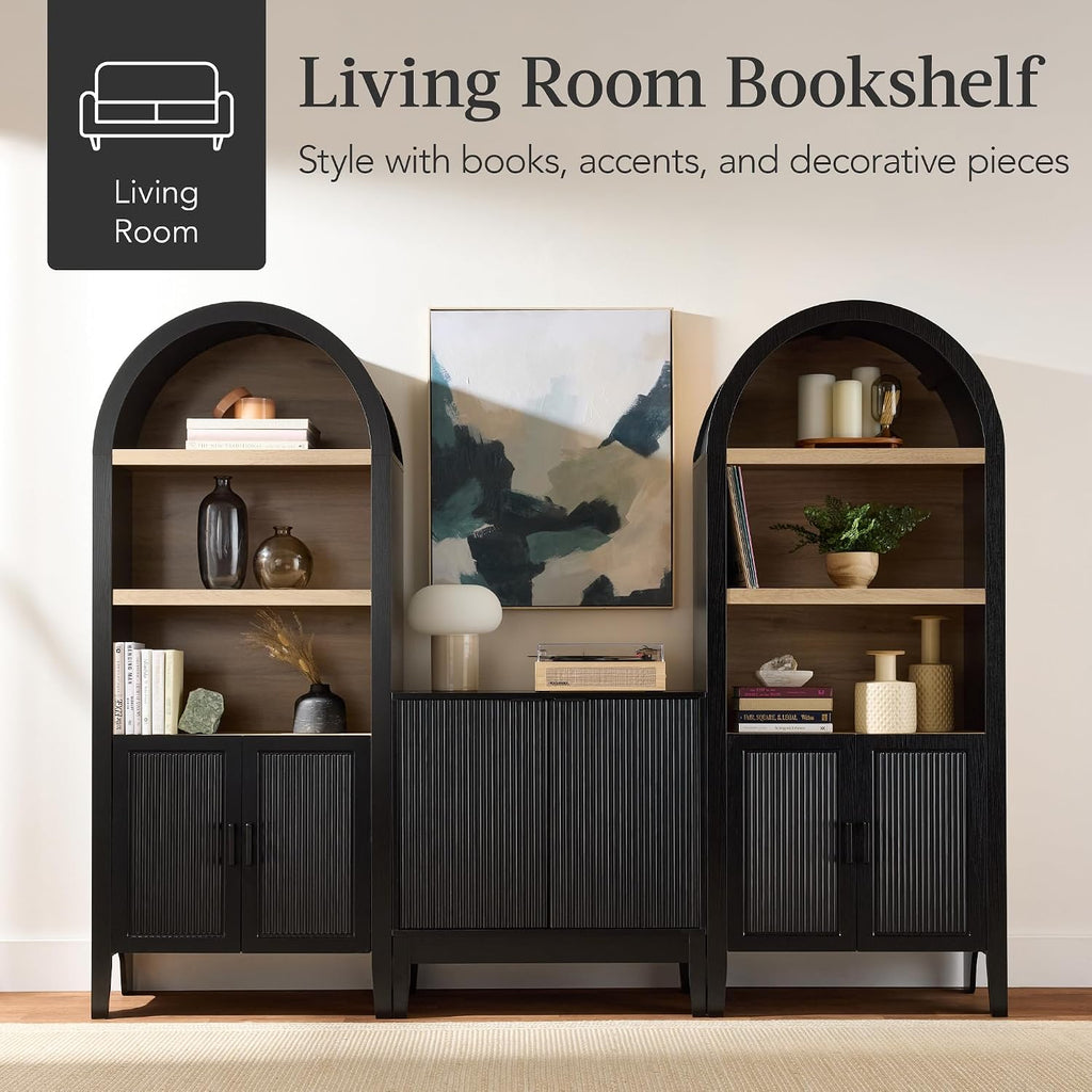 Best Choice Products 72' Tall Arched Pantry Cabinet w/Reeded Doors, 5-Tier Bookshelf, Armoire, Hutch, Bookcase, Storage Cabinet w/Adjustable Shelves, for Dining Room and Livingroom - Black Oak