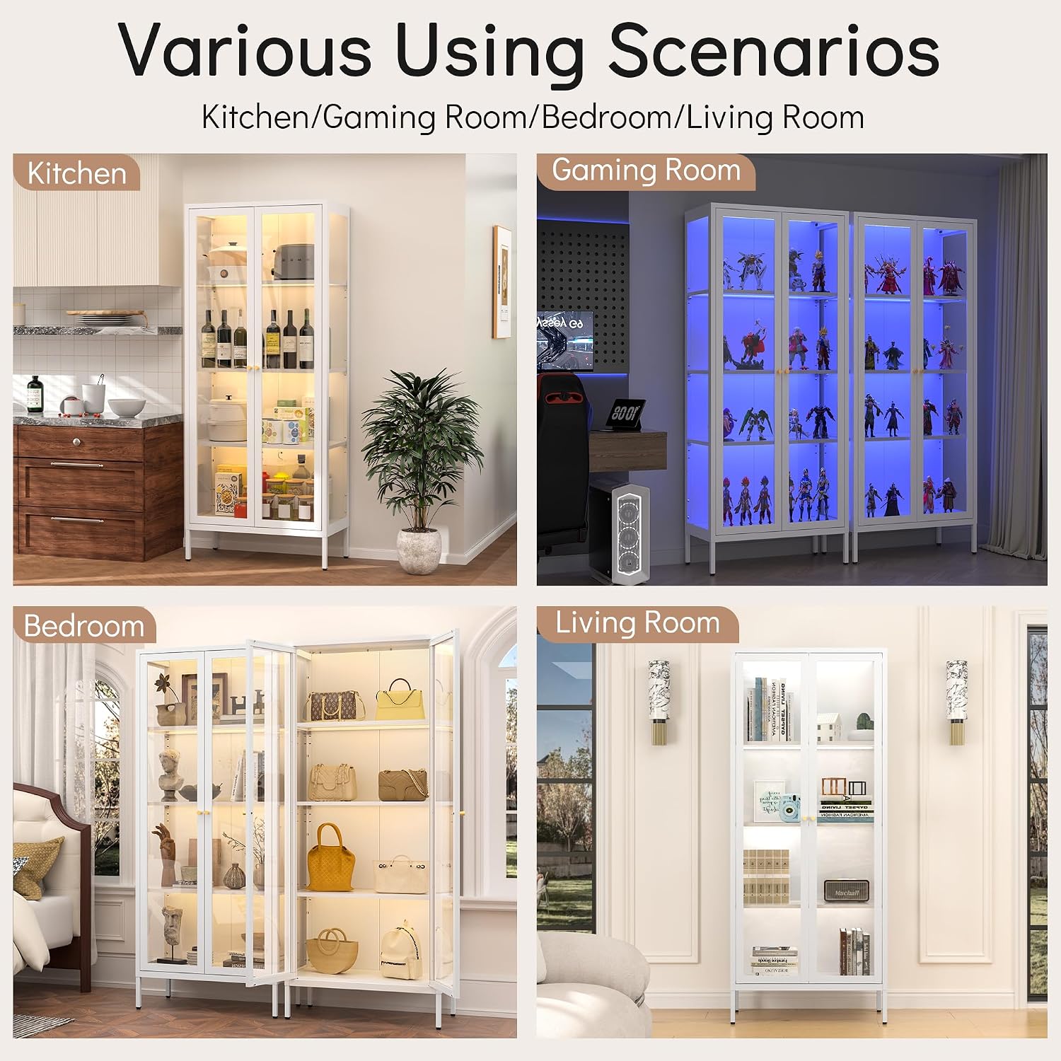 Polup Display Cabinet with 3 Color LED Lights and Tempered Glass, 66 Inch Tall Curio Cabinet with 3 Side Glass, White Display Case for Collectibles, Lighted Cabinets for Living Room- Assemble Required