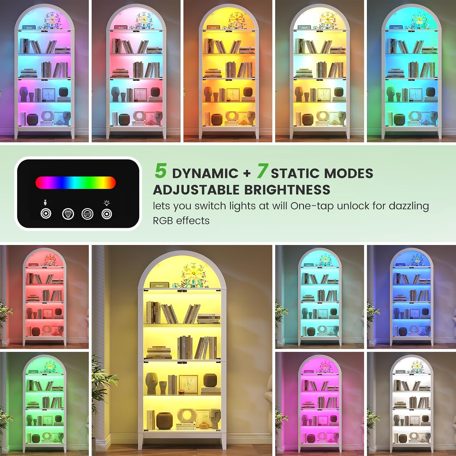 HNEBC Arched Book Shelf with Glass Doors, LED Bookcase with RGB Lights, 5 Tier Cabinet Has 9-Cube Storage, 69' Display Cabinet for Music-Synced Lighting Living Room,Bedroom(White)