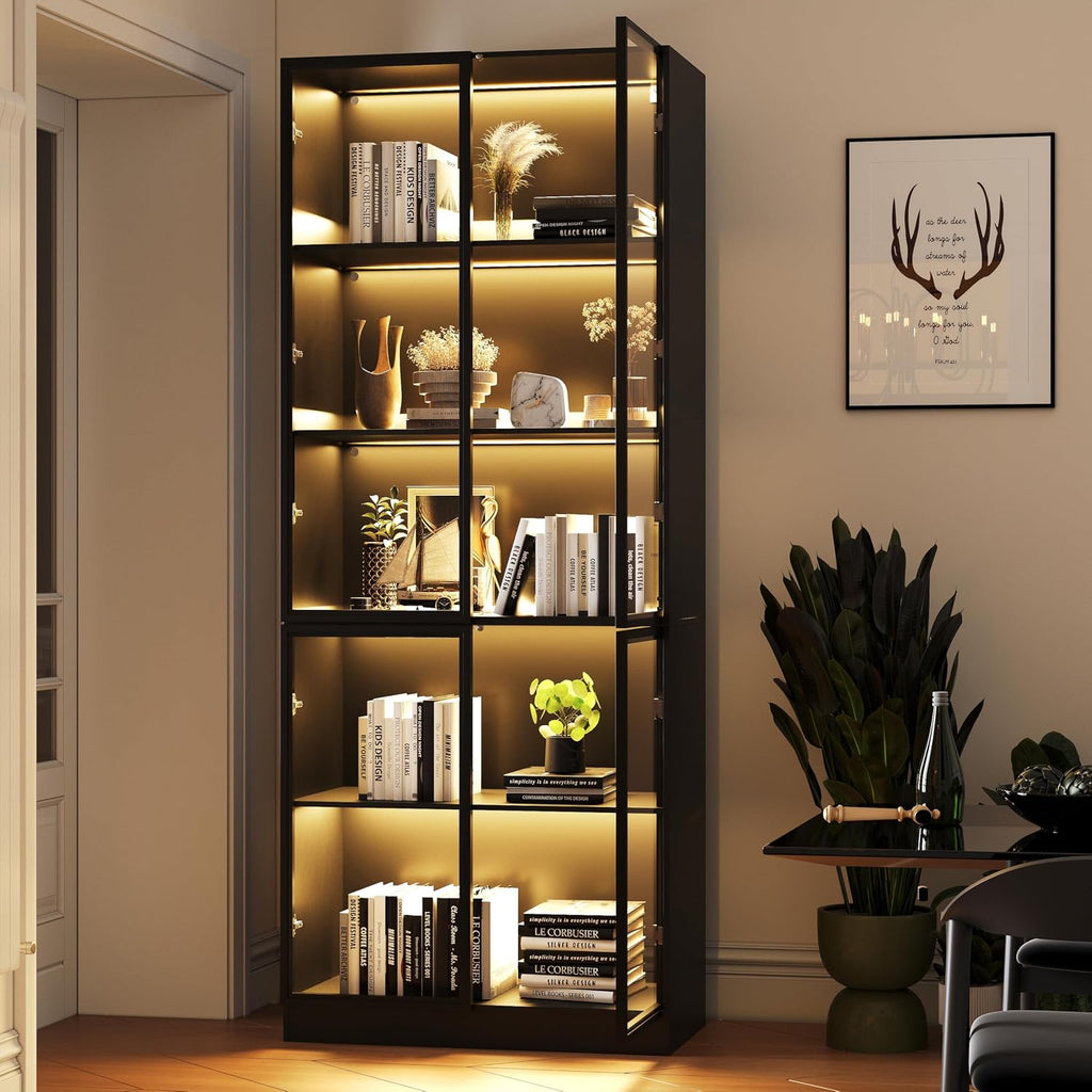 Wildhome Wooden Display Storage Cabinet with Glass Door, LED Lights,Showcase for Collections, Perfume, Vinyl Albums, Bookcase for Home Office, Living Room, Clinic, Pantry (5 Layers-Black)