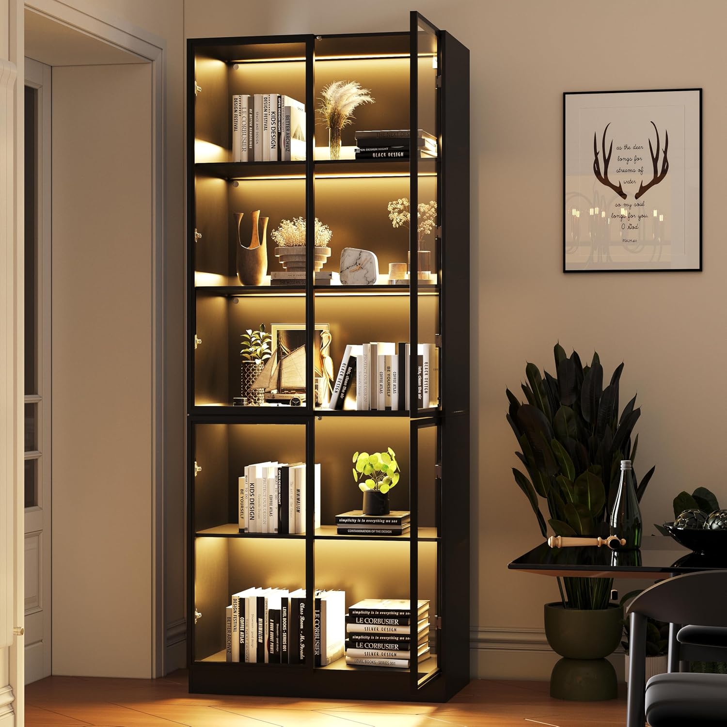 Wildhome Wooden Display Storage Cabinet with Glass Door, LED Lights,Showcase for Collections, Perfume, Vinyl Albums, Bookcase for Home Office, Living Room, Clinic, Pantry (5 Layers-Black)