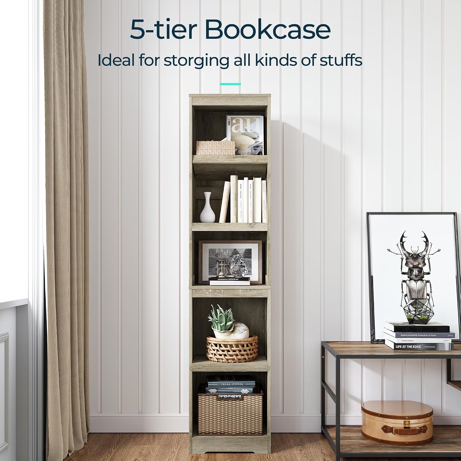 LINSY HOME 5-Shelf Bookcase, Narrow Bookshelves Floor Standing Storage Shelves 68 in Tall Bookcase Home Decor Furniture for Home Office, Living Room, Bed Room - Light Brown