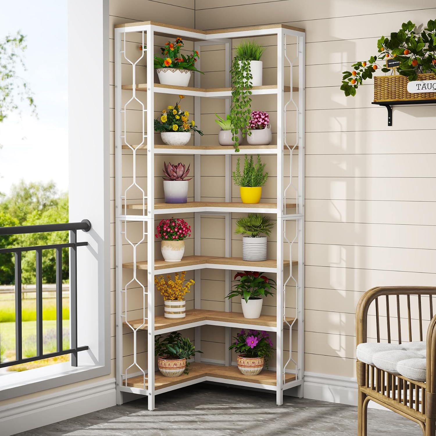 Tribesigns Corner Shelf, 7-Tier Industrial Corner Bookshelf, Wood and Metal Corner Etagere Bookcase, Freestanding Display Shelf for Living Room, Kitchen, Home Office, White and Walnut
