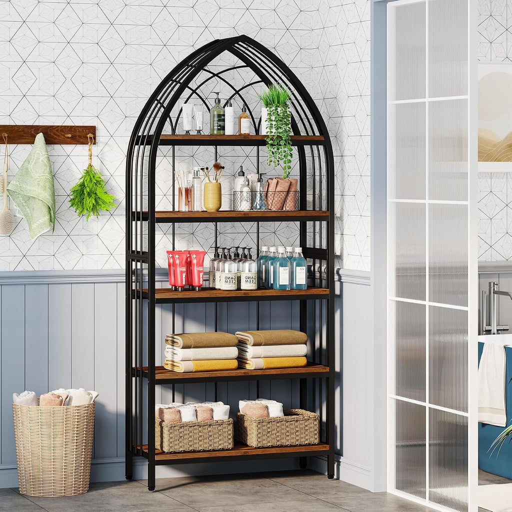 Tribesigns 5-Tier Bookshelf, 74.8-Inch Tall Bookshelf, Industrial Curved Freestanding Display Shelf, Wood Storage Shelves with Metal Frame for Home Office (1, Rustic Brown & Black)
