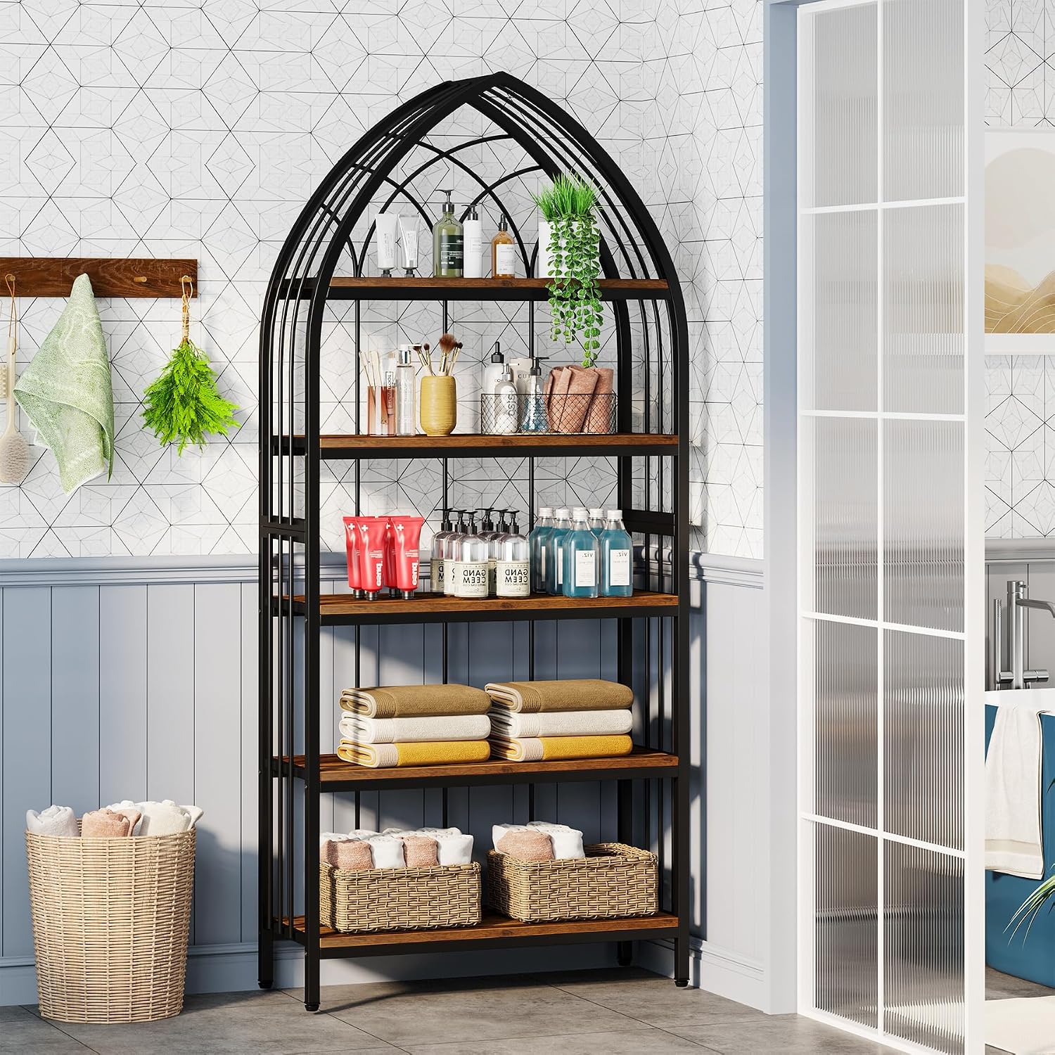 Tribesigns 5-Tier Bookshelf, 74.8-Inch Tall Bookshelf, Industrial Curved Freestanding Display Shelf, Wood Storage Shelves with Metal Frame for Home Office (1, Rustic Brown & Black)