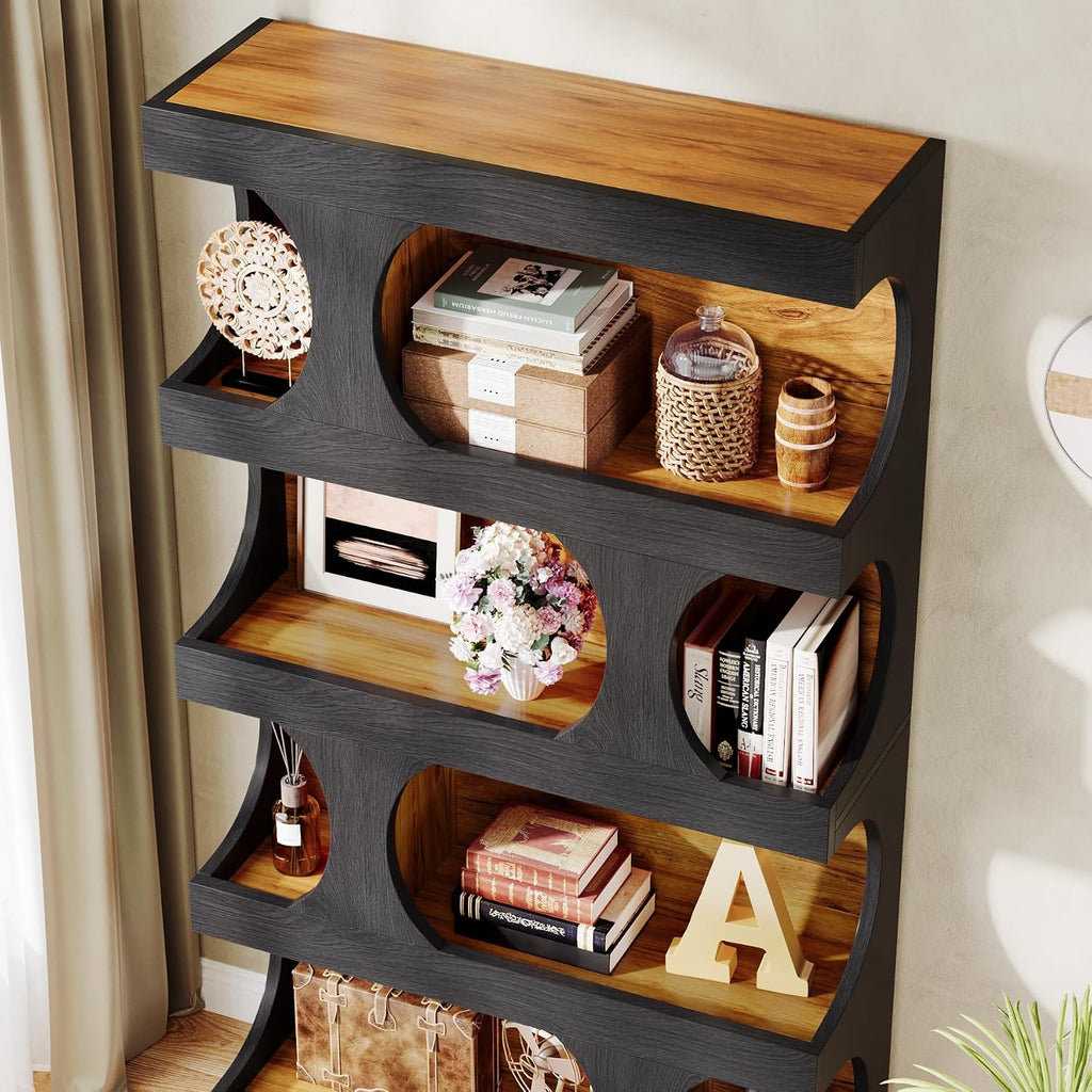 Tribesigns 71' Tall Bookcase Set of 2, 4-Tier S-Shaped Bookshelf, Wood Decorative Storage Shelving, Modern Freestanding Display Shelves, Large Library Bookshelf Unit for Home Office, Black & Brown