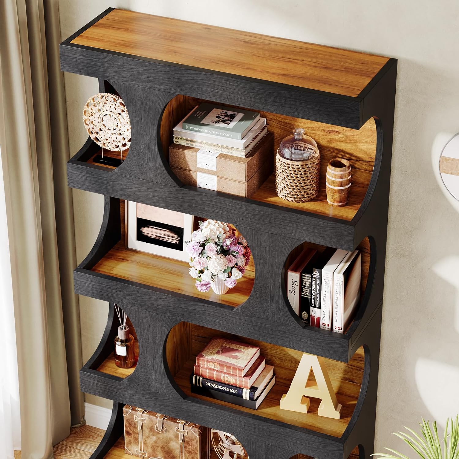 Tribesigns 71' Tall Bookcase Set of 2, 4-Tier S-Shaped Bookshelf, Wood Decorative Storage Shelving, Modern Freestanding Display Shelves, Large Library Bookshelf Unit for Home Office, Black & Brown