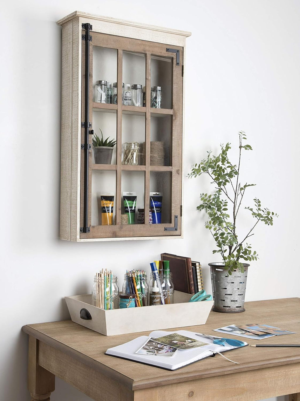 Kate and Laurel Hutchins Decorative Farmhouse Wood Wall Storage Cabinet with Window Pane Glass Door, Rustic and White