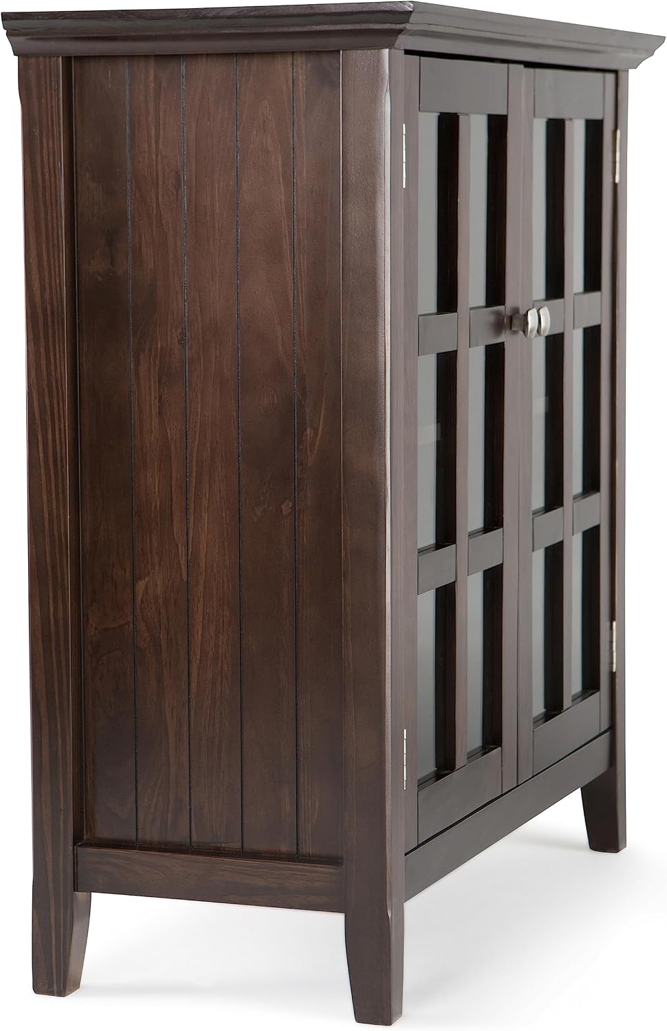 SIMPLIHOME Acadian Storage Cabinet - 35 inch Wide Solid Wood Low Storage Cabinet in Brunette Brown, Transitional Cabinet for Living Room or Entryway with Glass Doors and Adjustable Shelves