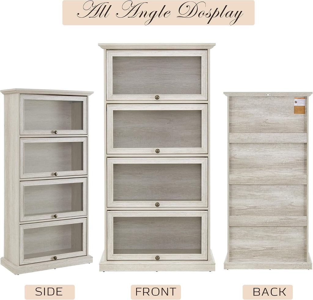 Tall Bookcase with Glass Doors, 63' H Farmhouse Glass Curio Display Cabinet with Flip up Doors, Elegant Storage Cabinet with 4-Tier Shelves, Rack for Living Room (White)