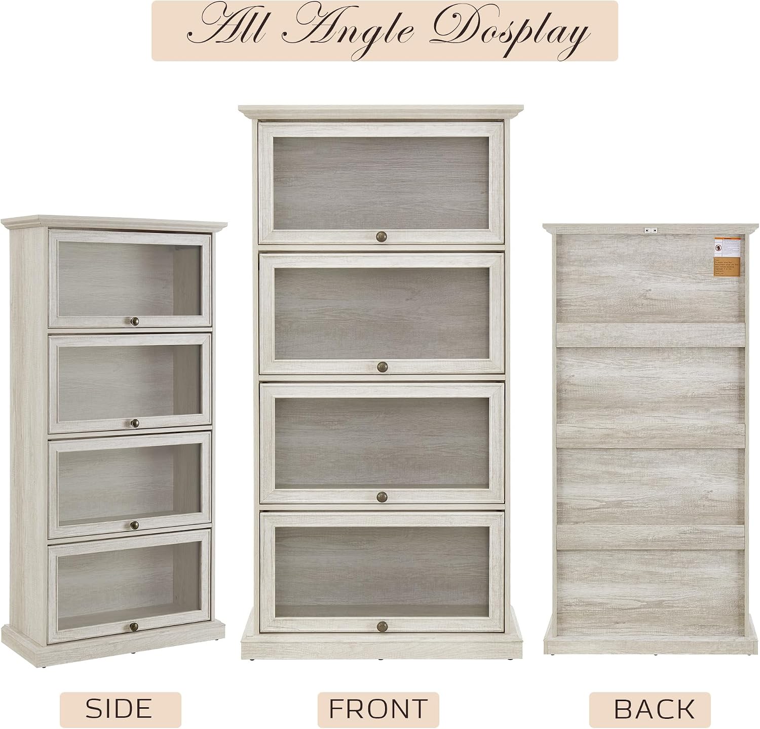 Tall Bookcase with Glass Doors, 63' H Farmhouse Glass Curio Display Cabinet with Flip up Doors, Elegant Storage Cabinet with 4-Tier Shelves, Rack for Living Room (White)