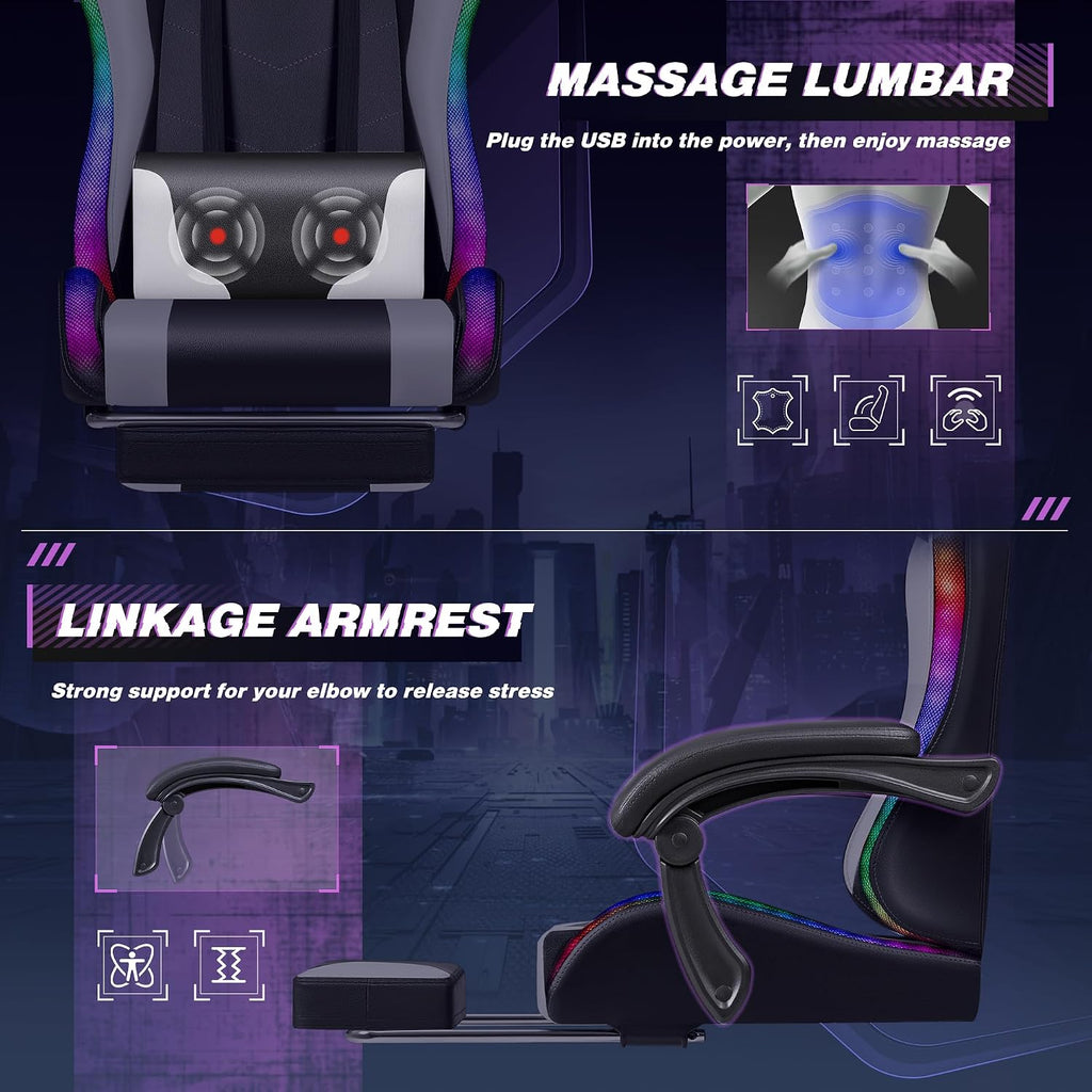 Homall Gaming Chair, Video Game Chair with Footrest and Massage Lumbar Support, Ergonomic Computer Chair Height Adjustable with Swivel Seat and Headrest (RGB Lvory)