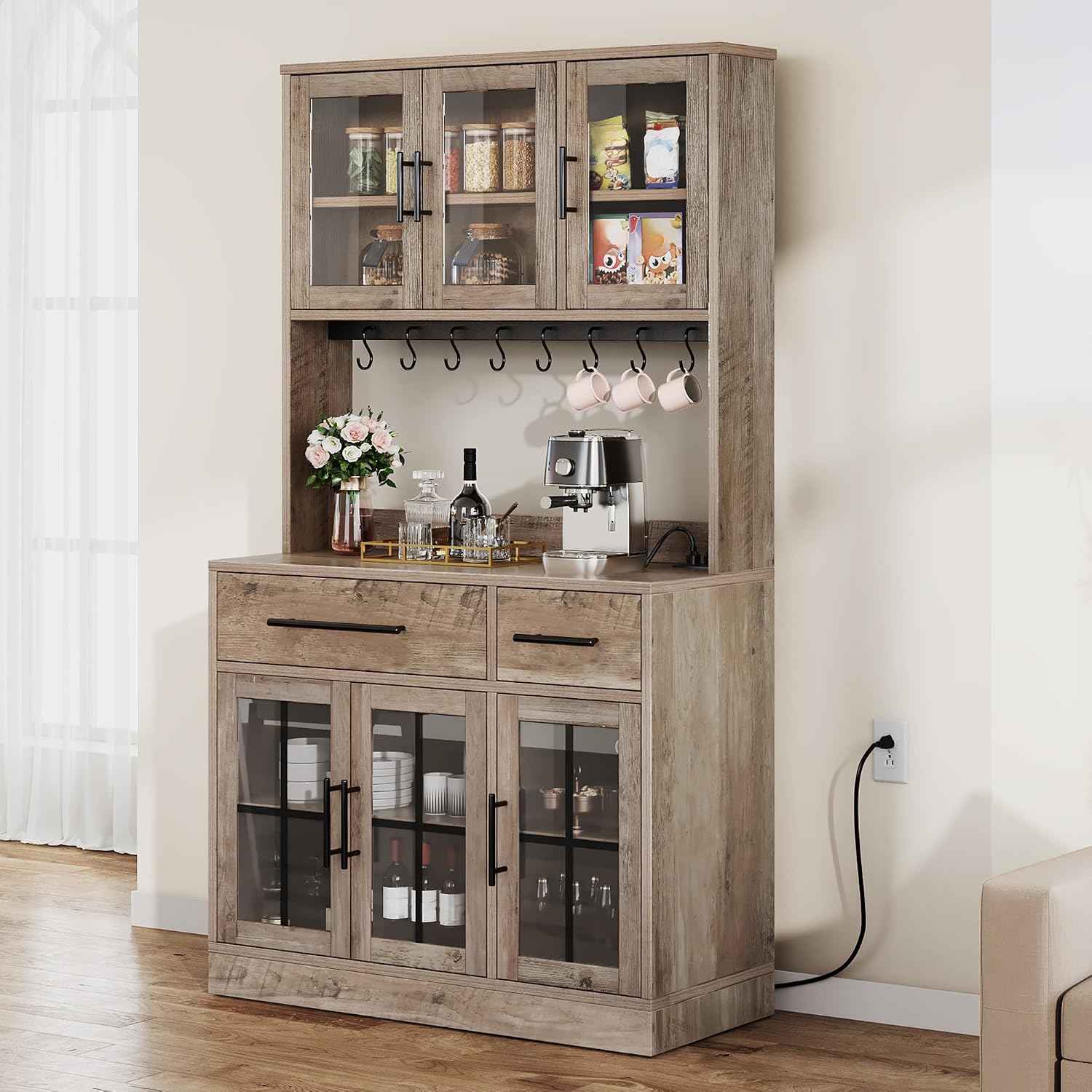 DWVO 71'' Tall Kitchen Pantry Storage Cabinet with Charge Station, Farmhouse Glass Display Food Pantry Hutch with Microwave Stand & Hooks & Drawers & Shelves for Home Living Dining Room, Lvory Grey