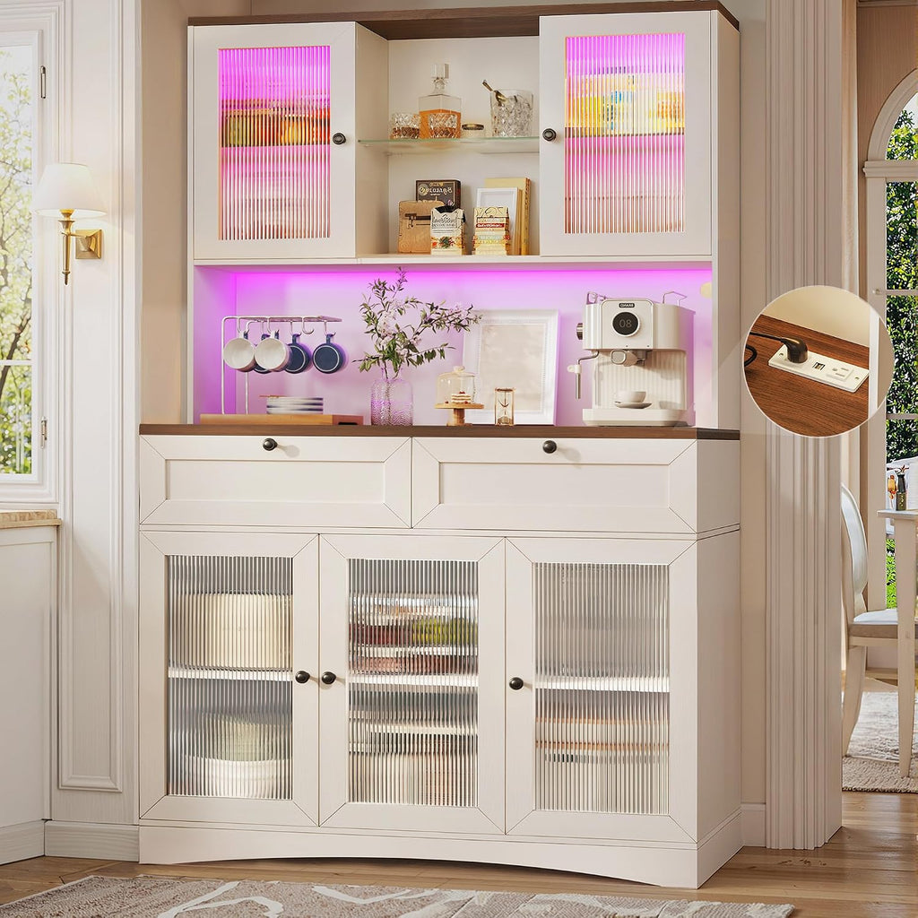 HUAHUU 71' Pantry Cabinet with Charging Station and LED Light, Modern Kitchen Pantry Cabinet with Microwave Stand, Tall Kitchen Hutch Food Pantry with Drawers & Shelves for Dining Room, White