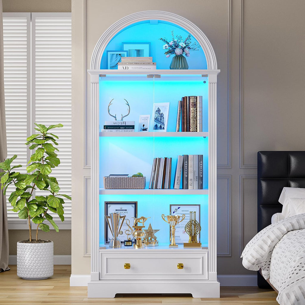 TAGELIER Arched Display Cabinet with Glass Doors, 72' Tall Curio Cabinet with Human Sensor Lights, 4-Tier Glass Display Case for Collectibles Bookcase Office, White