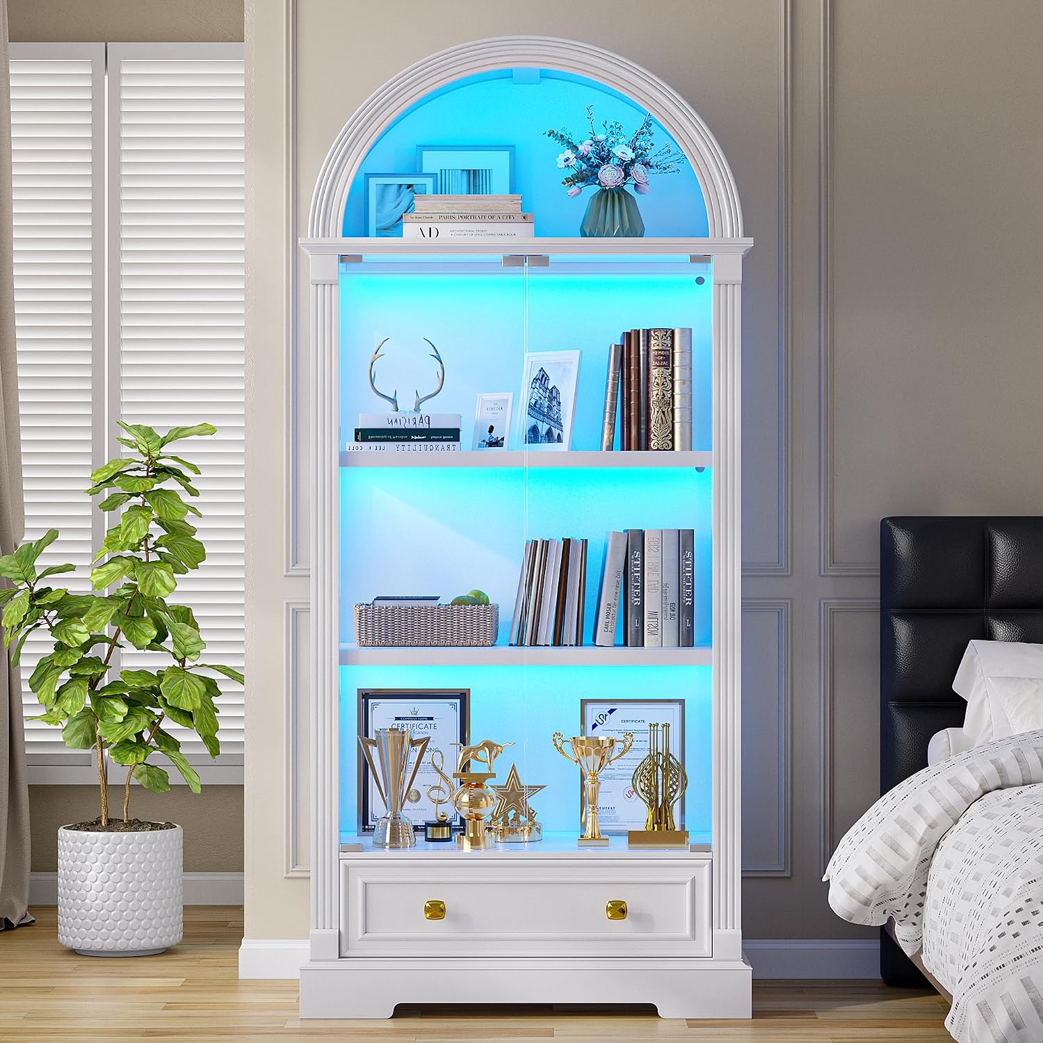 TAGELIER Arched Display Cabinet with Glass Doors, 72' Tall Curio Cabinet with Human Sensor Lights, 4-Tier Glass Display Case for Collectibles Bookcase Office, White