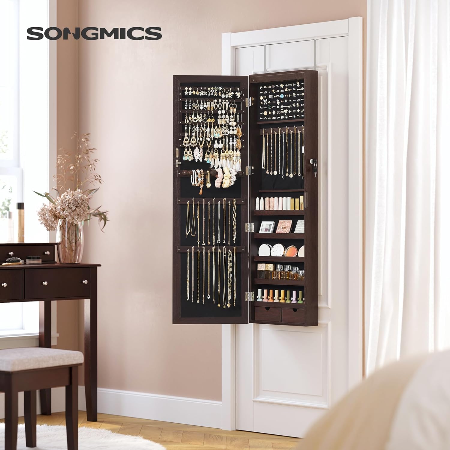 SONGMICS 6 LEDs Mirror Jewelry Cabinet, 47.2-Inch Tall Lockable Wall or Door Mounted Jewelry Armoire Organizer with Mirror, 2 Drawers, 3.9 x 14.6 x 47.2 Inches, Brown UJJC93K