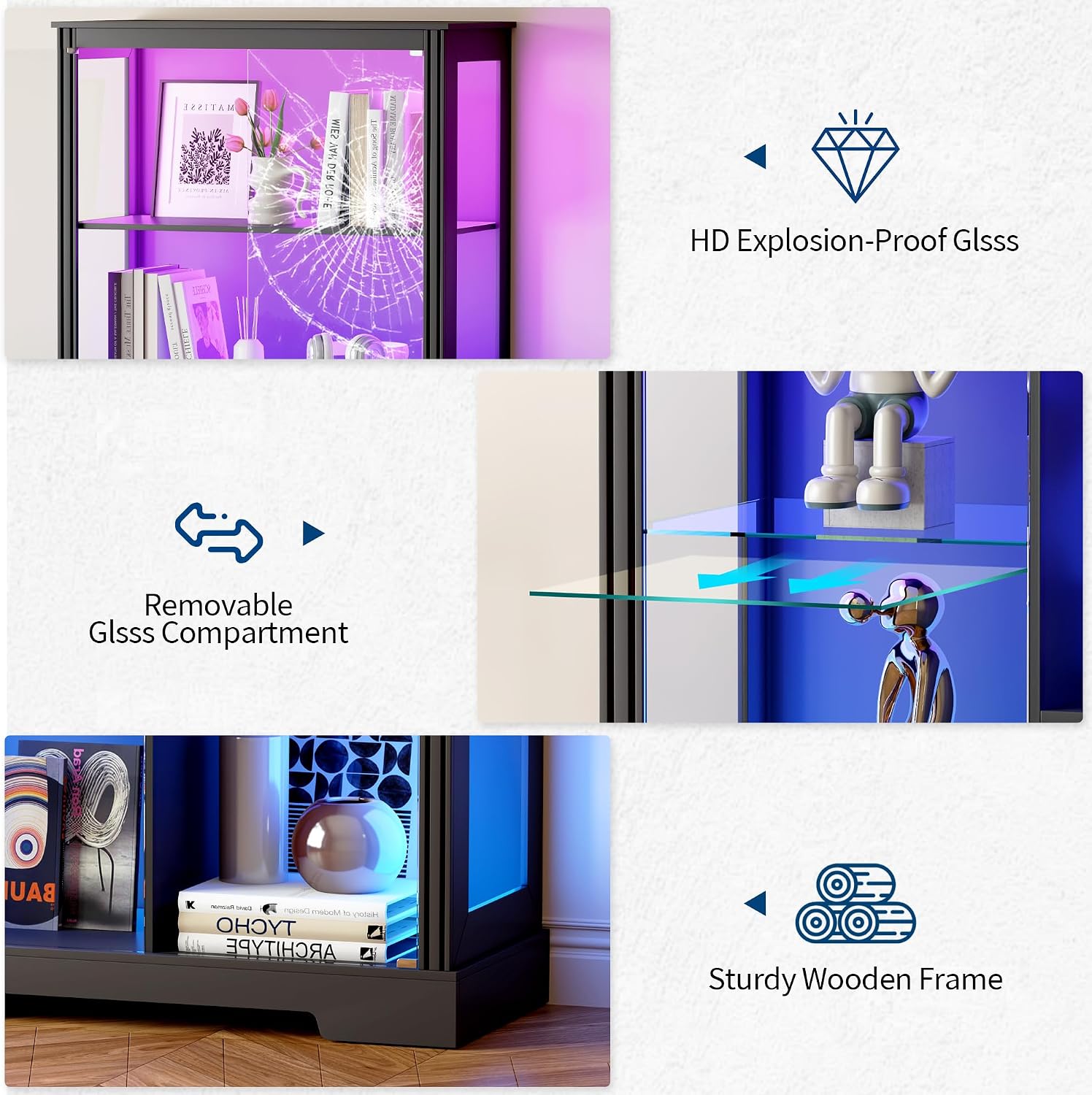HNEBC Glass Display Cabinet with RGB Lights, 71'' Curio Cabinet with Glass Doors, 5-Tier Display Cases and Human Sensor, Bookcases for Collectibles, Books,Toys, Black