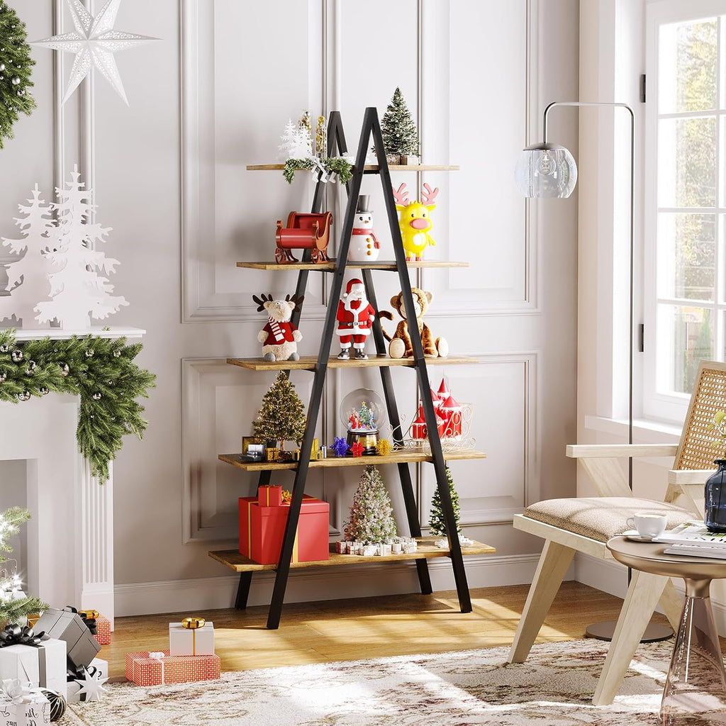 YOUDENOVA 5-Tier Ladder Bookshelf, Industrial A-Shaped Bookcase, Christmas Village Display Stand, Tall Ladder Shelf Storage Organizer for Living Room, Home Office, Dark Black