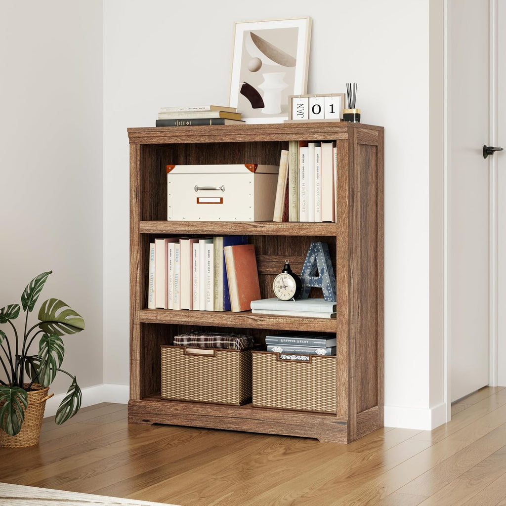 LINSY HOME 3-Tier Bookshelf Display Storage Shelves Farmhouse Bookshelf for Home Office, Living Room, Bed Room - Dark Brown