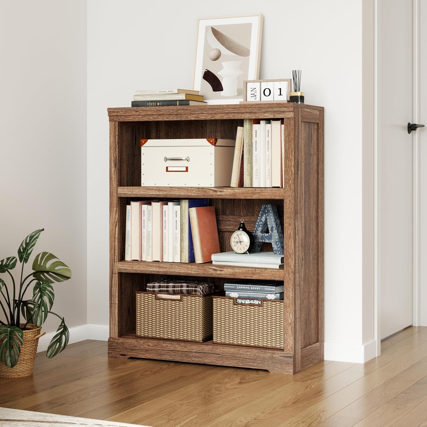LINSY HOME 3-Tier Bookshelf Display Storage Shelves Farmhouse Bookshelf for Home Office, Living Room, Bed Room - Dark Brown