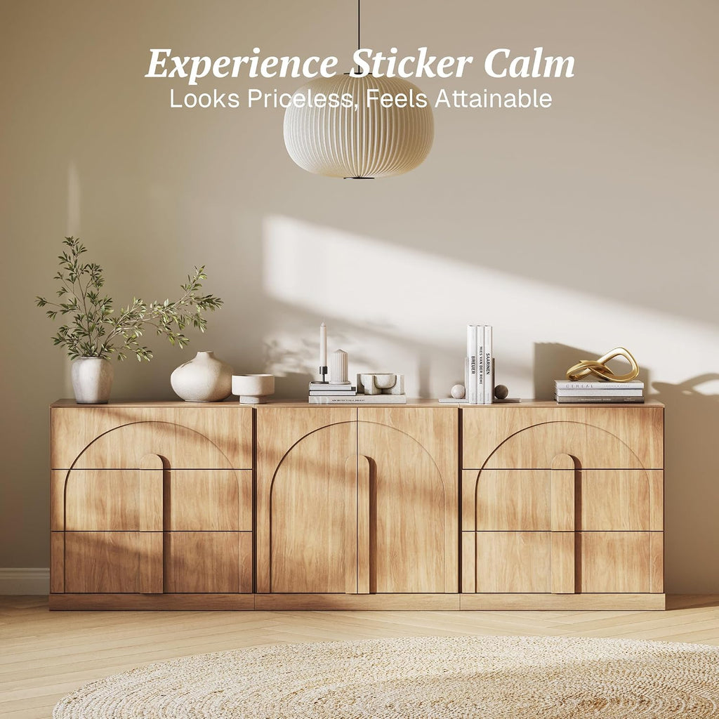 BELLEZE Modular Sideboard Cabinet Set, 3-Piece Modern Wood Buffet Cabinet Contain Arched Cabinet and 2 3-Drawer Storage, Freely Configurable Credenza for Living Room Kitchen, Camel