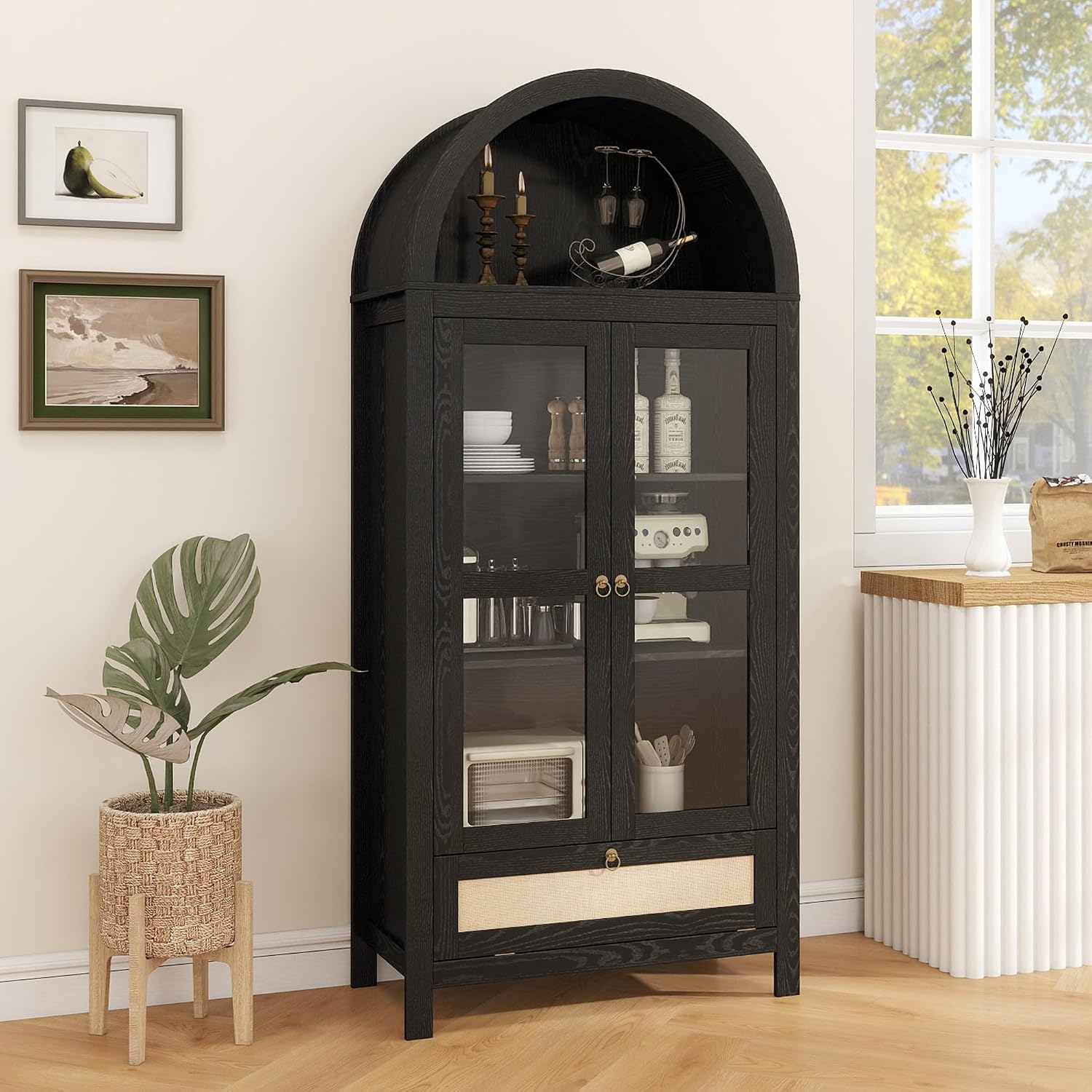 TYBOATLE 71' Tall Arched Pantry Cabinet with Innovative Drawer, Kitchen Cabinet with Anti-Tipping Device and Glass Door, Versatile Cupboard for Kitchen, Dining, Black