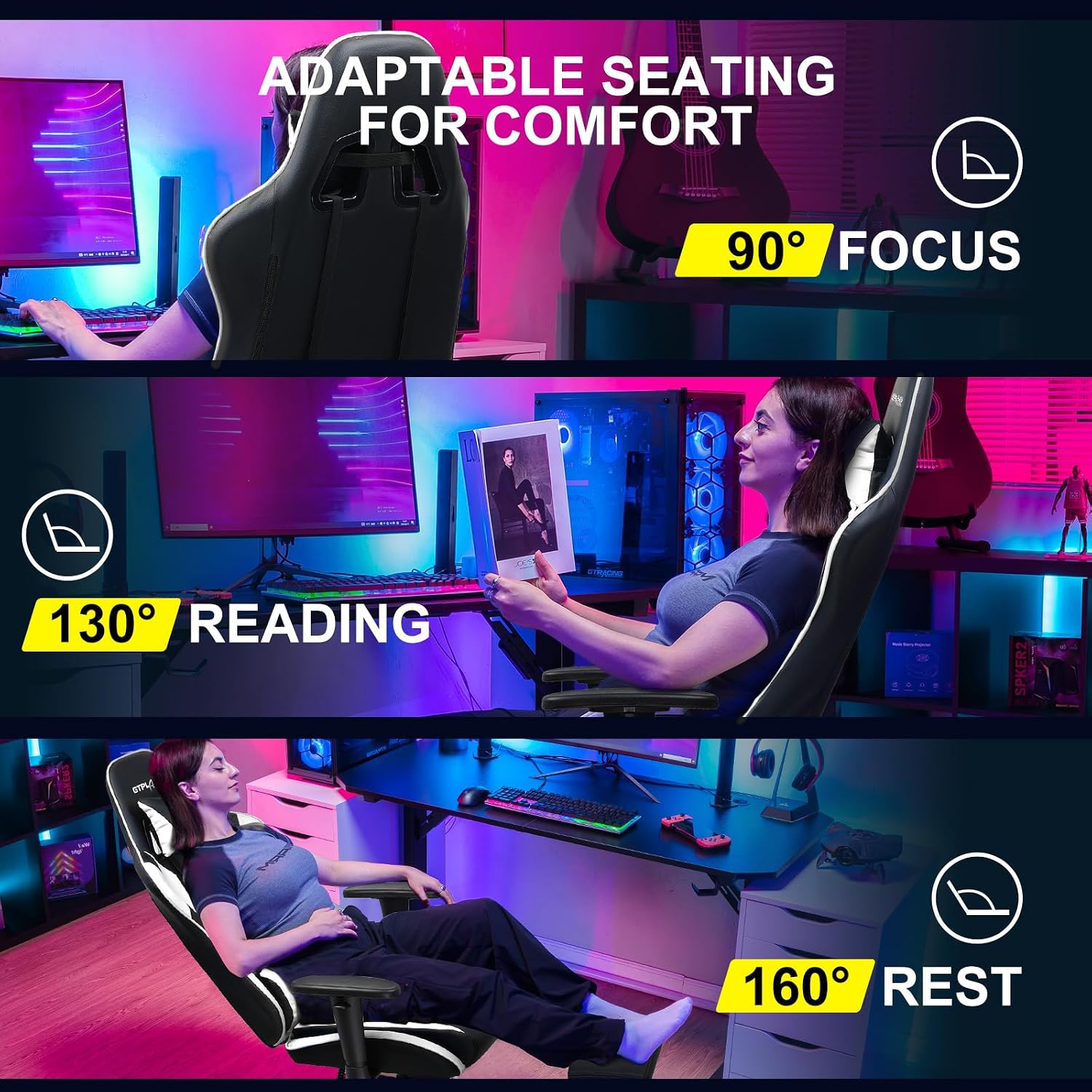 GTPLAYER Gaming Chair with Footrest, Ergonomic Computer Game Desk Chair, Reclining Game Chair Seat Height Adjustment, Swivel Rocker with Headrest and Lumbar (White)