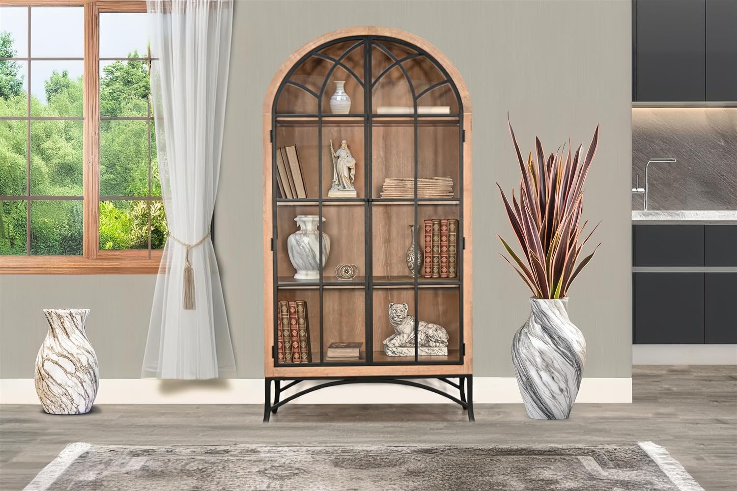 Sunny Designs Ella Arched Metal & Wood Display Cabinet with Glass Doors – Powder-Coated Steel Frame, Magnetic Latches, Adjustable Shelves, Windowpane Design, Living Room Storage (Oak Grove)