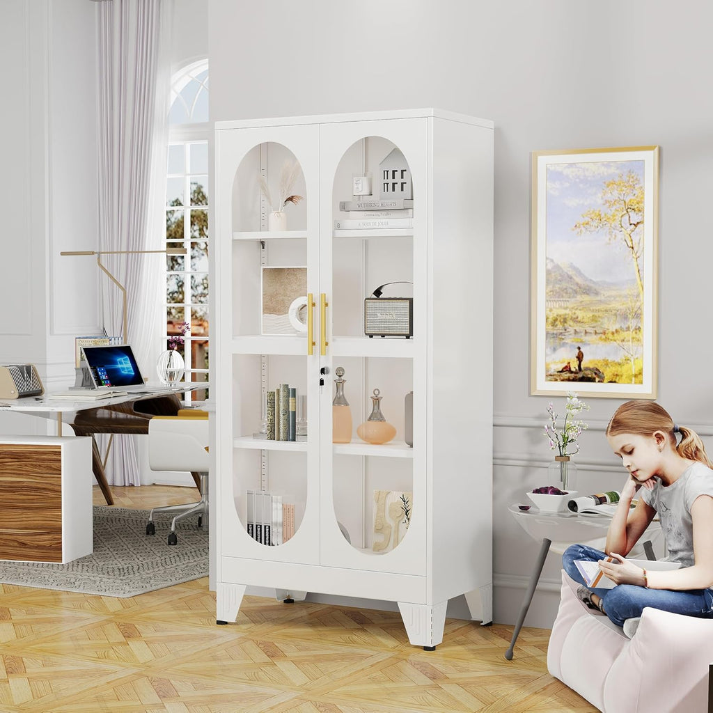 GAIOUS 61' Tall Metal Curio Cabinet, Display Cabinet with Glass Door, 4 Tier Liquor Cabinet with 3 Adjustable Shelves, Locking Glass Display Case for Collectibles, Showcase Storage Cabinets, White
