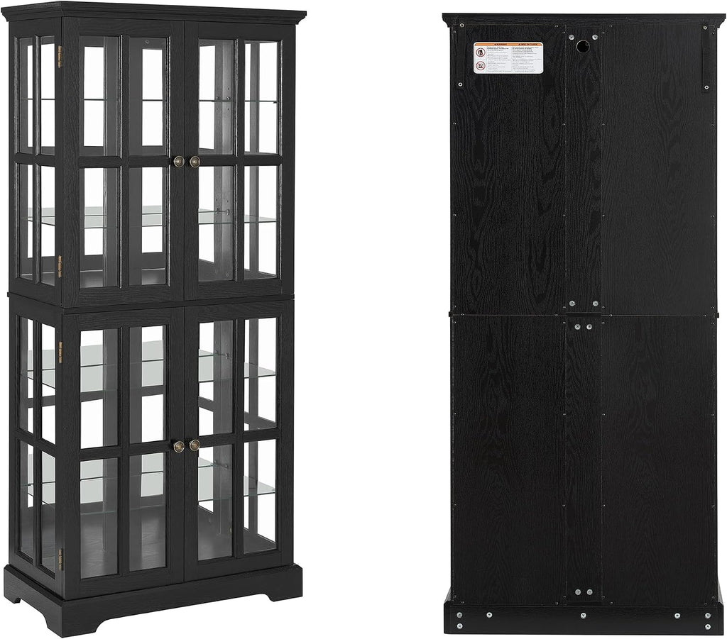 68' H Glass Curio Display Cabinet with Light, 6-Tier Wooden Storage Showcase w/ 4 Glass Doors & Adjustable Shelves, Vintage Accent Cabinet w/Mirrored Back Pane for Home & Office (Black)